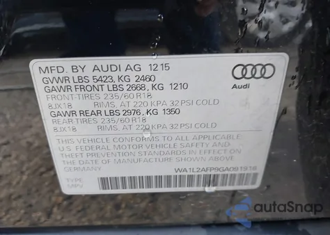 2016 Audi Q5 2.0T Premium из США, поврежденный, VIN WA1L2AFP9GA091916